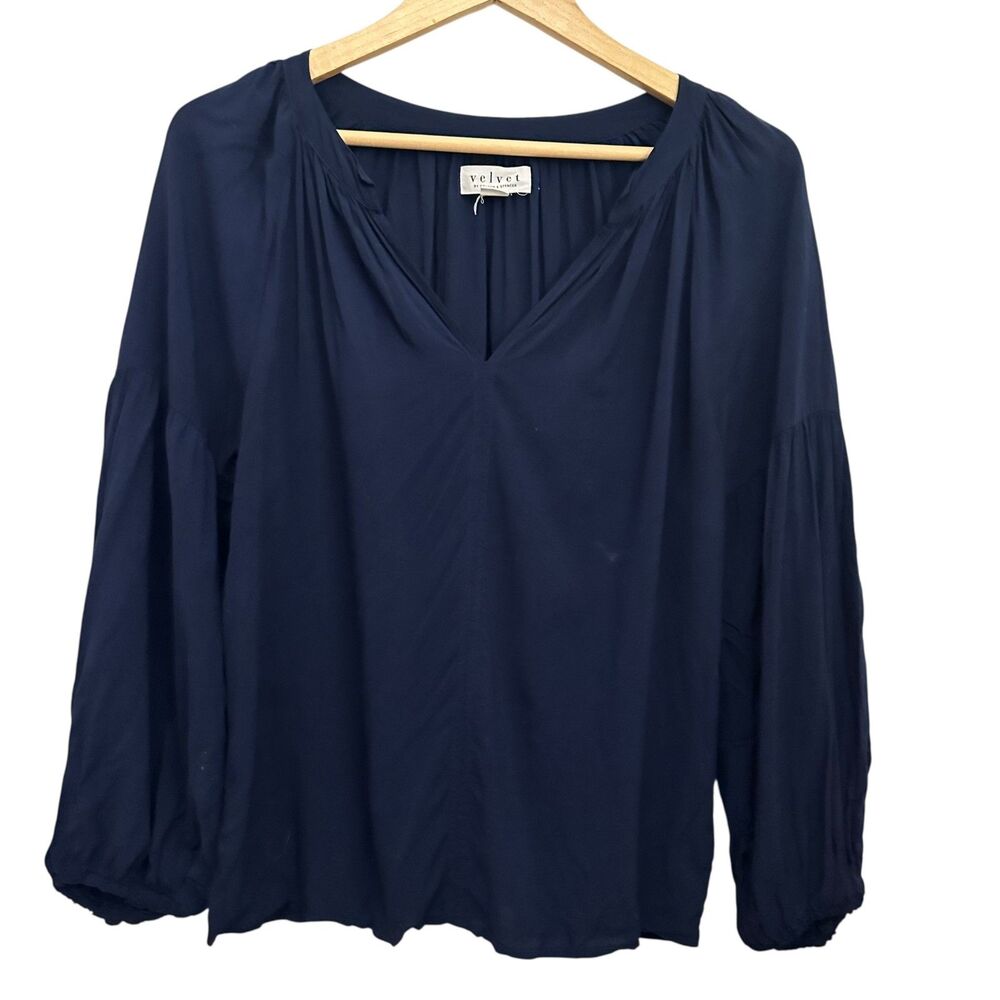 Velvet by Graham and Spencer V-Neck Navy Blue Viscose Peasant‎ Blouse Size S